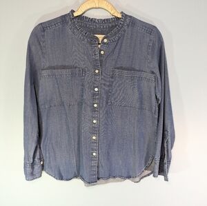 LOFT Chambray Ruffled Neck Button Down Shirt